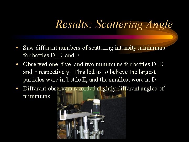 Results: Scattering Angle • Saw different numbers of scattering intensity minimums for bottles D,