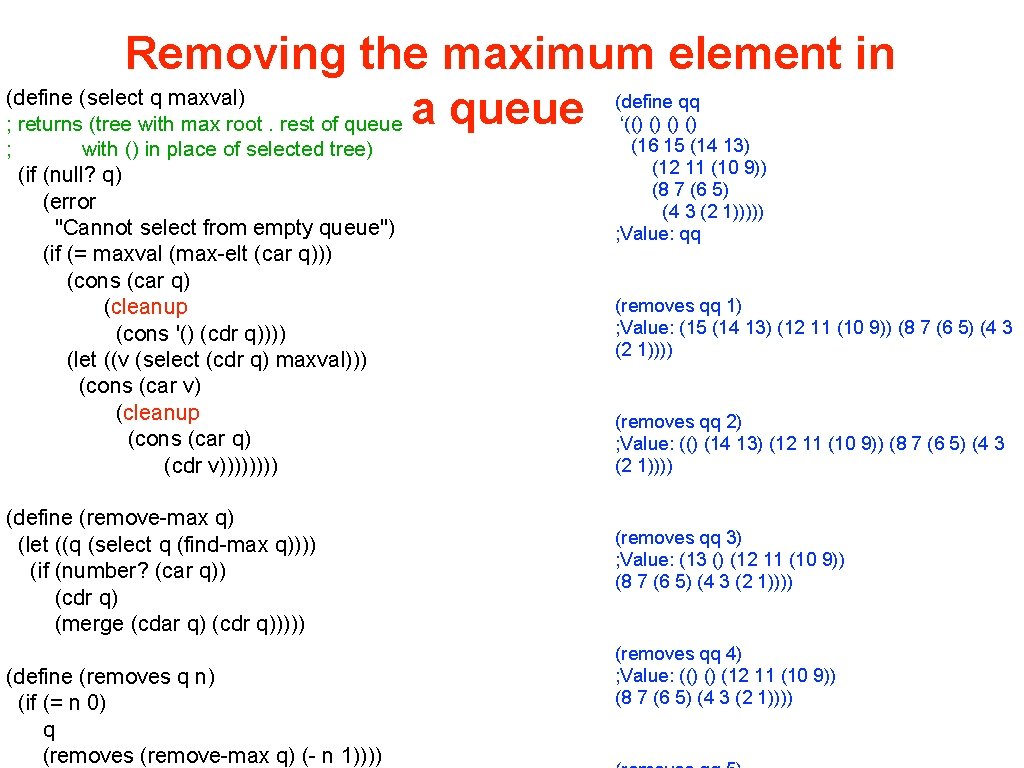 Removing the maximum element in (define (select q maxval) (define qq ‘(() () ;
