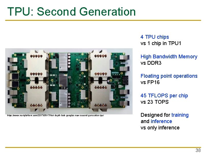 TPU: Second Generation 4 TPU chips vs 1 chip in TPU 1 High Bandwidth TPU: Second Generation 4 TPU chips vs 1 chip in TPU 1 High Bandwidth