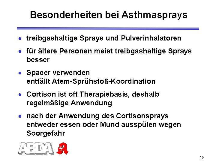 Besonderheiten bei Asthmasprays · treibgashaltige Sprays und Pulverinhalatoren · für ältere Personen meist treibgashaltige