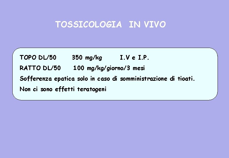 TOSSICOLOGIA IN VIVO TOPO DL/50 RATTO DL/50 350 mg/kg I. V e I. P.