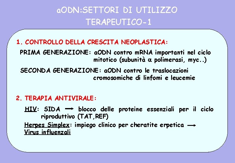 a. ODN: SETTORI DI UTILIZZO TERAPEUTICO-1 1. CONTROLLO DELLA CRESCITA NEOPLASTICA: PRIMA GENERAZIONE: a.