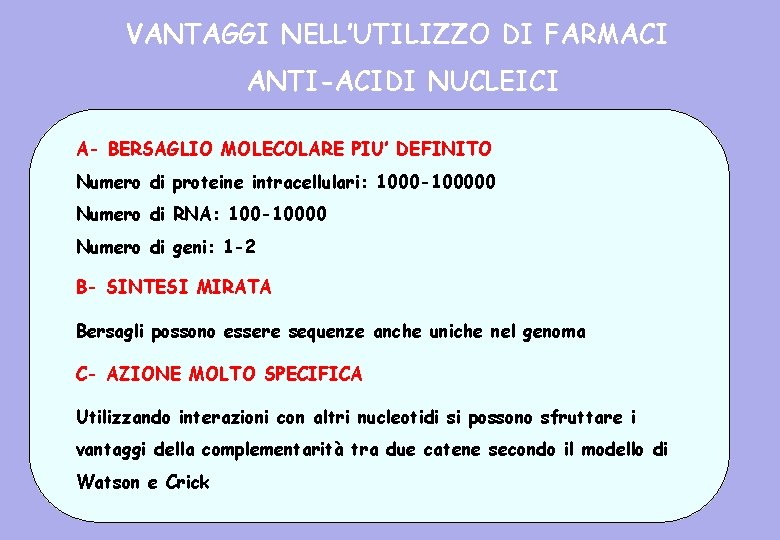 VANTAGGI NELL’UTILIZZO DI FARMACI ANTI-ACIDI NUCLEICI A- BERSAGLIO MOLECOLARE PIU’ DEFINITO Numero di proteine
