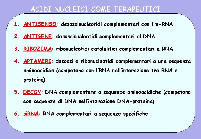 ACIDI NUCLEICI COME TERAPEUTICI 1. ANTISENSO: desossinucleotidi complementari con l’m-RNA 2. ANTIGENE: desossinucleotidi complementari