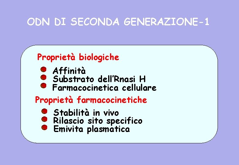 ODN DI SECONDA GENERAZIONE-1 Proprietà biologiche Affinità Substrato dell’Rnasi H Farmacocinetica cellulare Proprietà farmacocinetiche