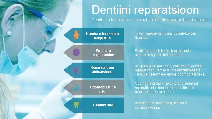 Dentiini reparatsioon Dentiin – elus hamba mineraal, toodetakse odontoblastide poolt. Hamba mineraalide kahjustus Pulbikoe