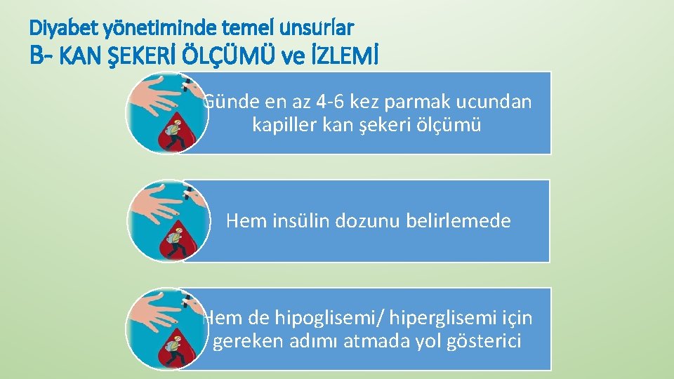 Diyabet yönetiminde temel unsurlar B- KAN ŞEKERİ ÖLÇÜMÜ ve İZLEMİ Günde en az 4