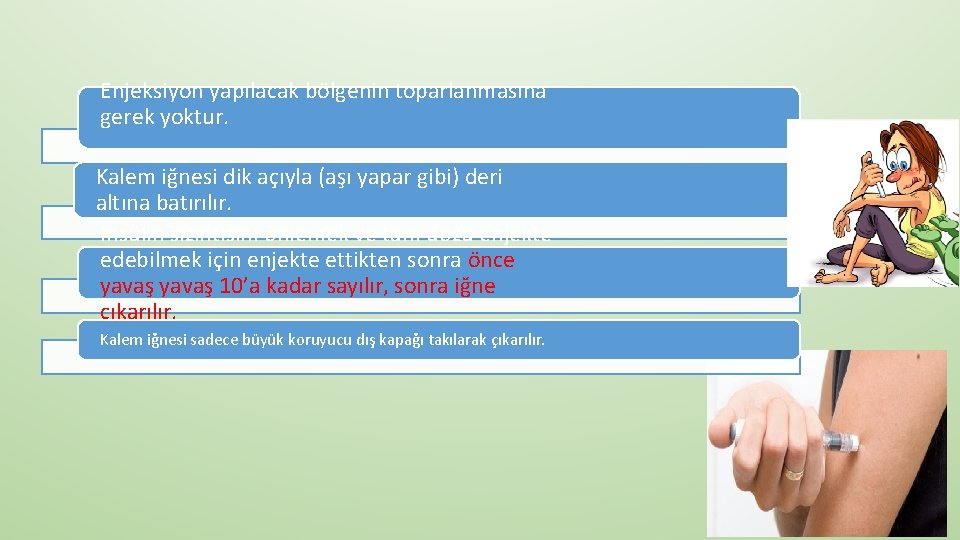 Enjeksiyon yapılacak bölgenin toparlanmasına gerek yoktur. Kalem iğnesi dik açıyla (aşı yapar gibi) deri