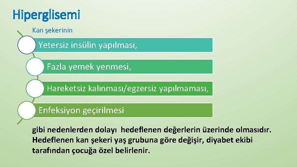 Hiperglisemi Kan şekerinin Yetersiz insülin yapılması, Fazla yemek yenmesi, Hareketsiz kalınması/egzersiz yapılmaması, Enfeksiyon geçirilmesi