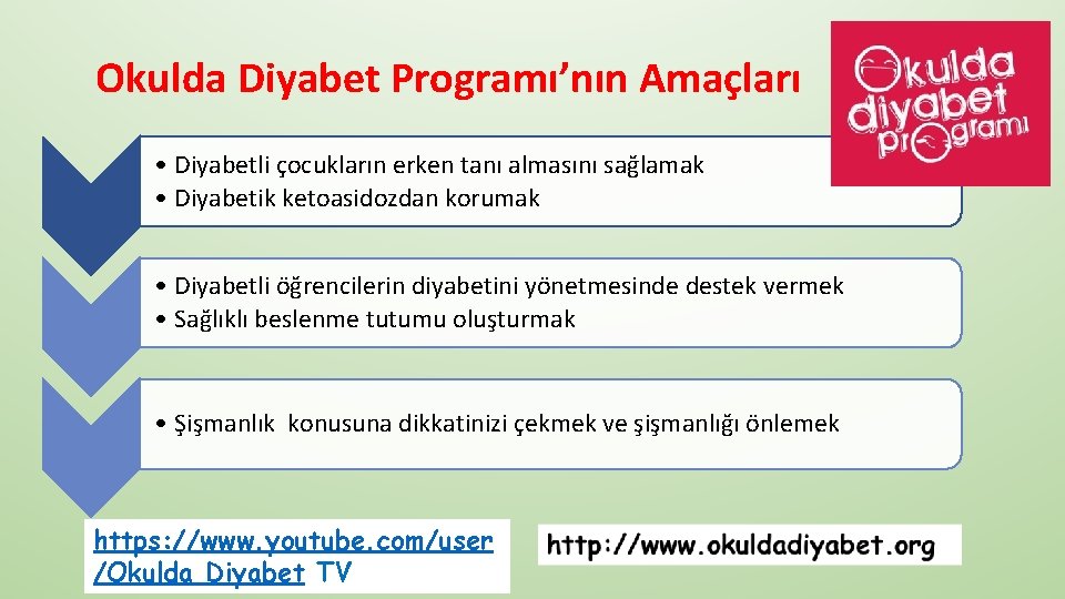 Okulda Diyabet Programı’nın Amaçları • Diyabetli çocukların erken tanı almasını sağlamak • Diyabetik ketoasidozdan