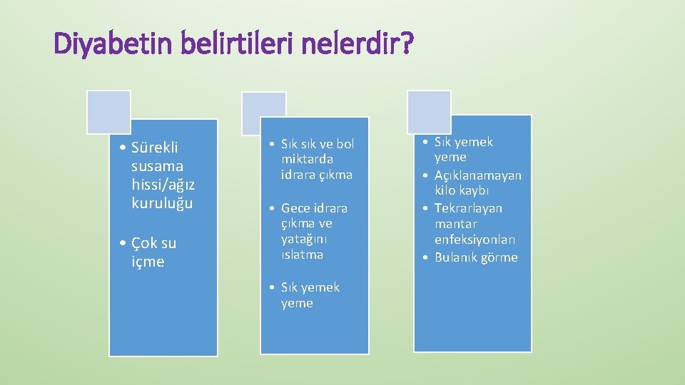 Diyabetin belirtileri nelerdir? • Sürekli susama hissi/ağız kuruluğu • Çok su içme • Sık