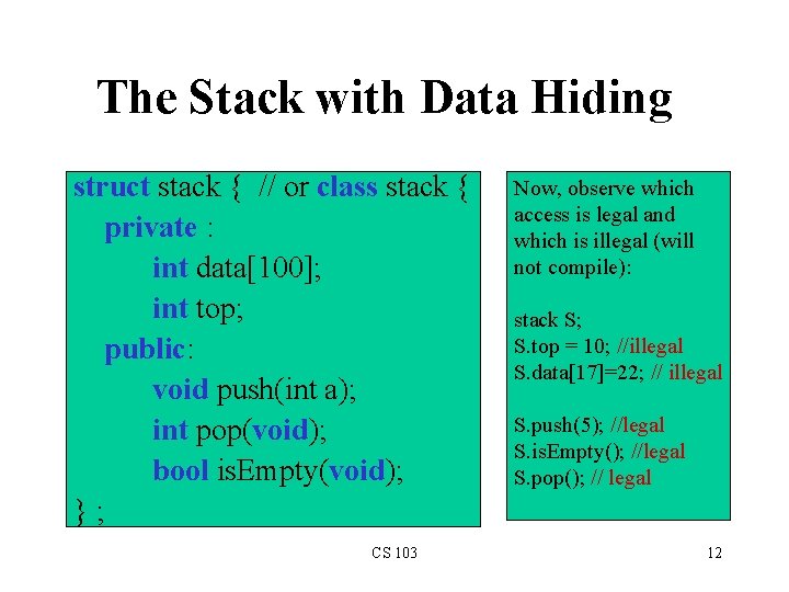 The Stack with Data Hiding struct stack { // or class stack { private