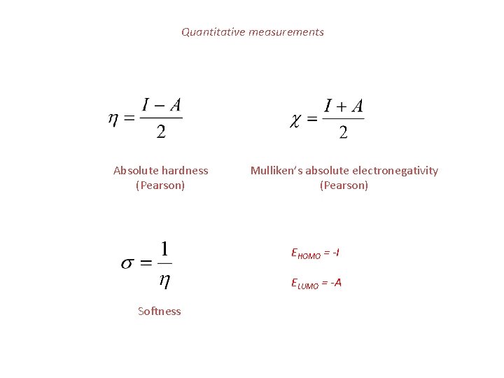 Quantitative measurements Absolute hardness (Pearson) Mulliken’s absolute electronegativity (Pearson) EHOMO = -I ELUMO =