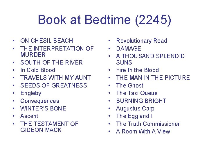 Book at Bedtime (2245) • ON CHESIL BEACH • THE INTERPRETATION OF MURDER •