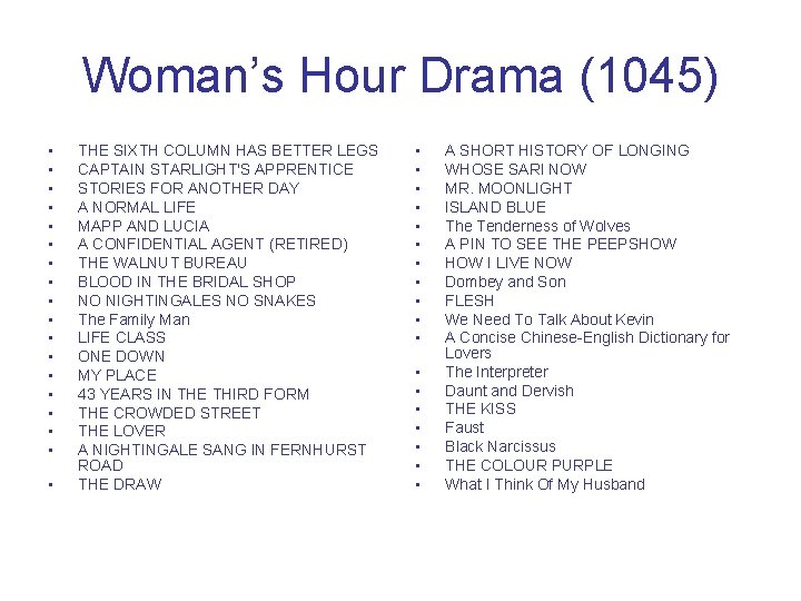 Woman’s Hour Drama (1045) • • • • • THE SIXTH COLUMN HAS BETTER