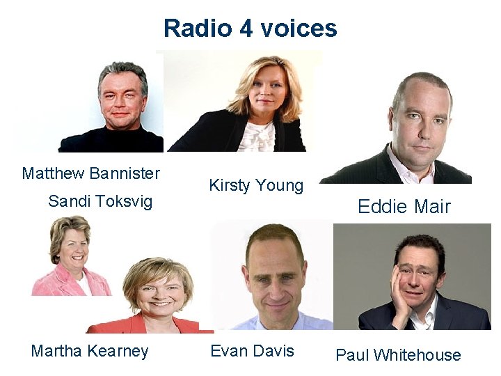 Radio 4 voices Matthew Bannister Sandi Toksvig Martha Kearney Kirsty Young Eddie Mair Evan