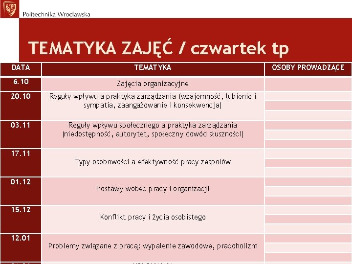 TEMATYKA ZAJĘĆ / czwartek tp DATA TEMATYKA 6. 10 Zajęcia organizacyjne 20. 10 Reguły