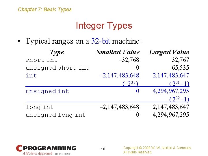 Chapter 7: Basic Types Integer Types • Typical ranges on a 32 -bit machine: