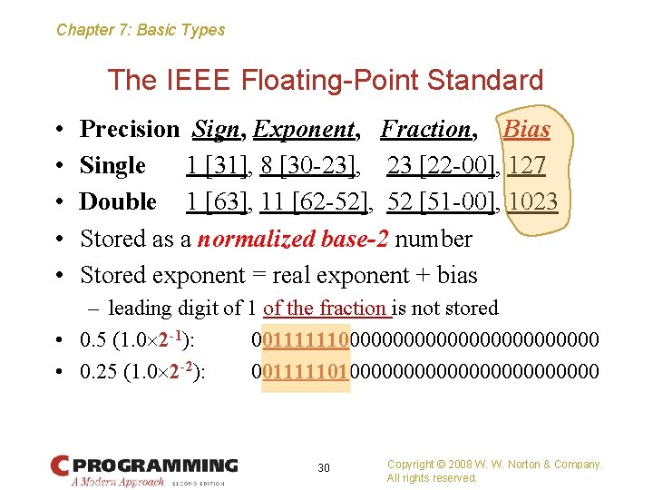 Chapter 7: Basic Types The IEEE Floating-Point Standard • • • Precision Sign, Exponent,