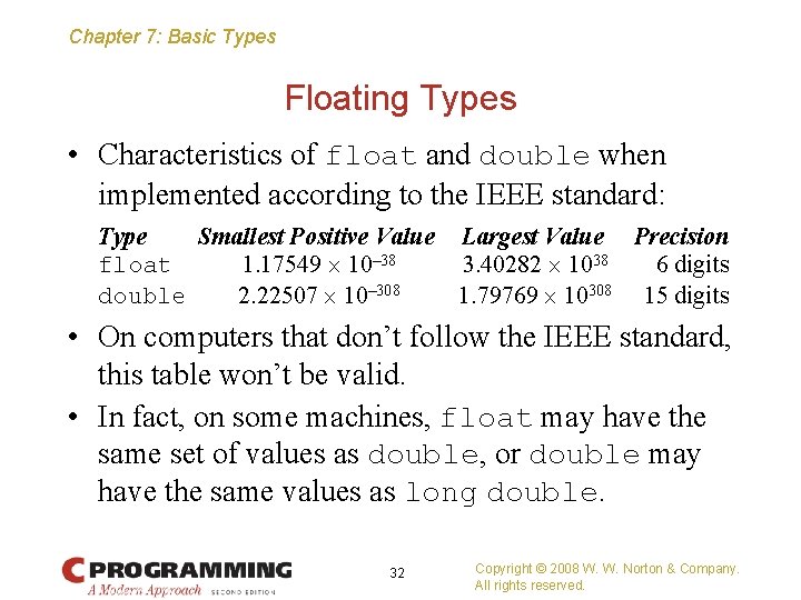 Chapter 7: Basic Types Floating Types • Characteristics of float and double when implemented