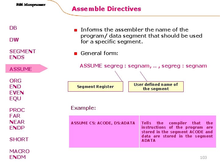 8086 Microprocessor DB DW SEGMENT ENDS ASSUME ORG END EVEN EQU PROC FAR NEAR