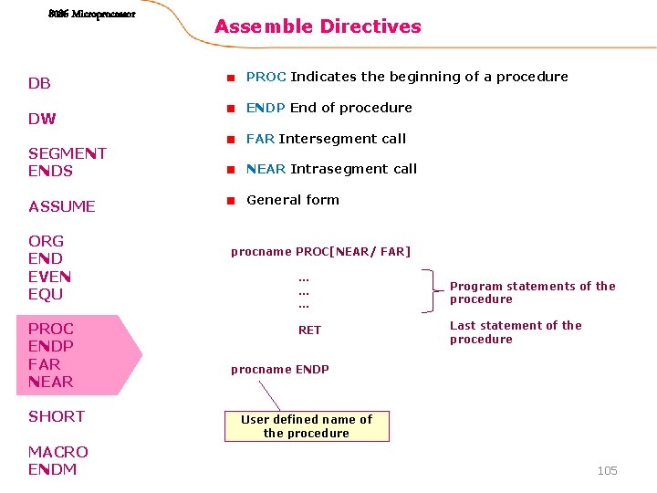 8086 Microprocessor DB DW SEGMENT ENDS ASSUME ORG END EVEN EQU PROC ENDP FAR 8086 Microprocessor DB DW SEGMENT ENDS ASSUME ORG END EVEN EQU PROC ENDP FAR