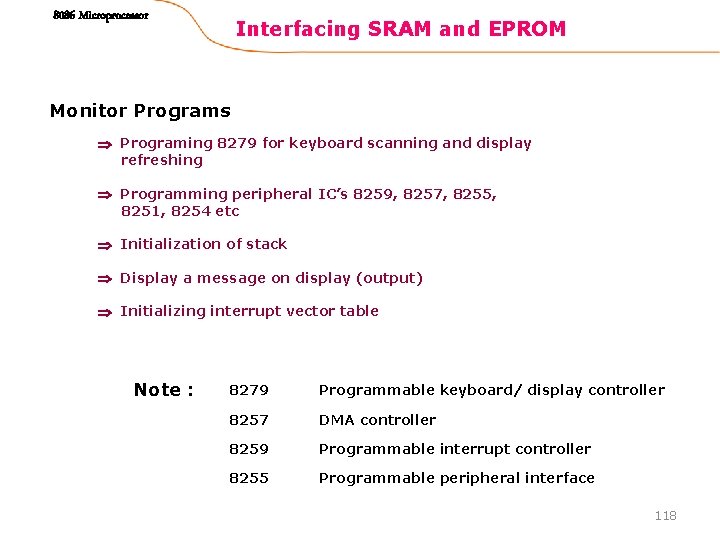 8086 Microprocessor Interfacing SRAM and EPROM Monitor Programs Programing 8279 for keyboard scanning and