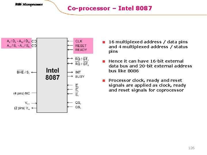 8086 Microprocessor Co-processor – Intel 8087 16 multiplexed address / data pins and 4