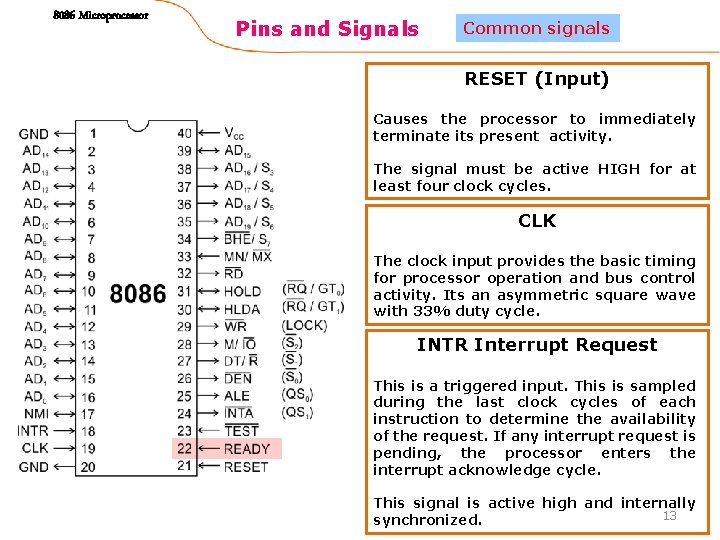 8086 Microprocessor Pins and Signals Common signals RESET (Input) Causes the processor to immediately 8086 Microprocessor Pins and Signals Common signals RESET (Input) Causes the processor to immediately