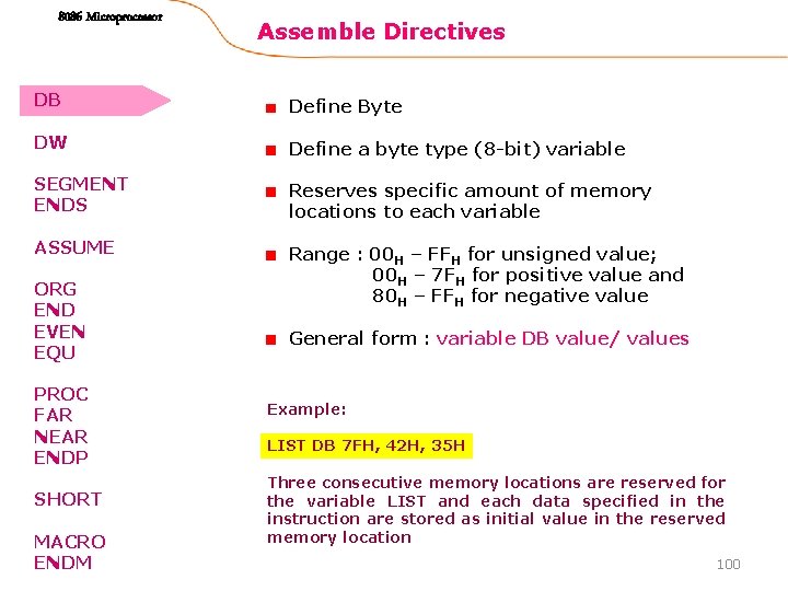 8086 Microprocessor Assemble Directives DB Define Byte DW Define a byte type (8 -bit)