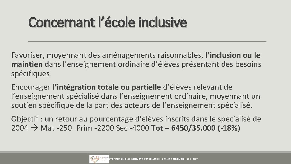 Concernant l’école inclusive Favoriser, moyennant des aménagements raisonnables, l’inclusion ou le maintien dans l’enseignement