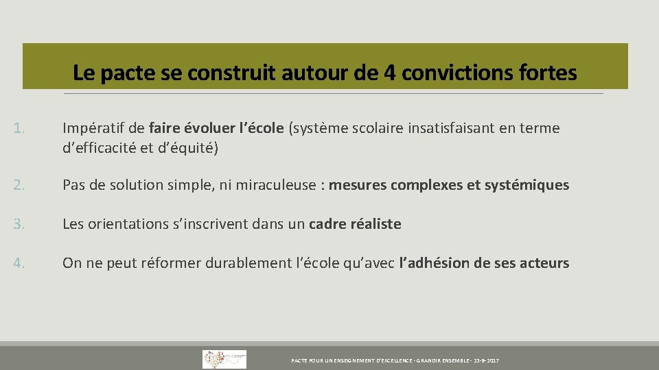 Le pacte se construit autour de 4 convictions fortes 1. Impératif de faire évoluer