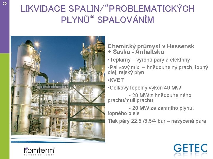 30 LIKVIDACE SPALIN/“PROBLEMATICKÝCH PLYNŮ“ SPALOVÁNÍM Chemický průmysl v Hessensk + Sasku - Anhaltsku •