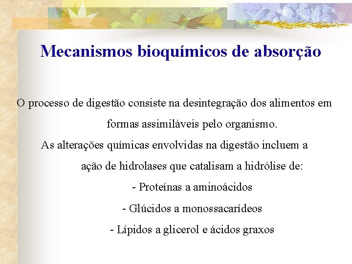 Mecanismos bioquímicos de absorção O processo de digestão consiste na desintegração dos alimentos em