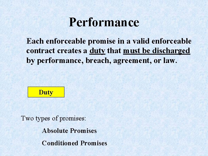 Performance Each enforceable promise in a valid enforceable contract creates a duty that must