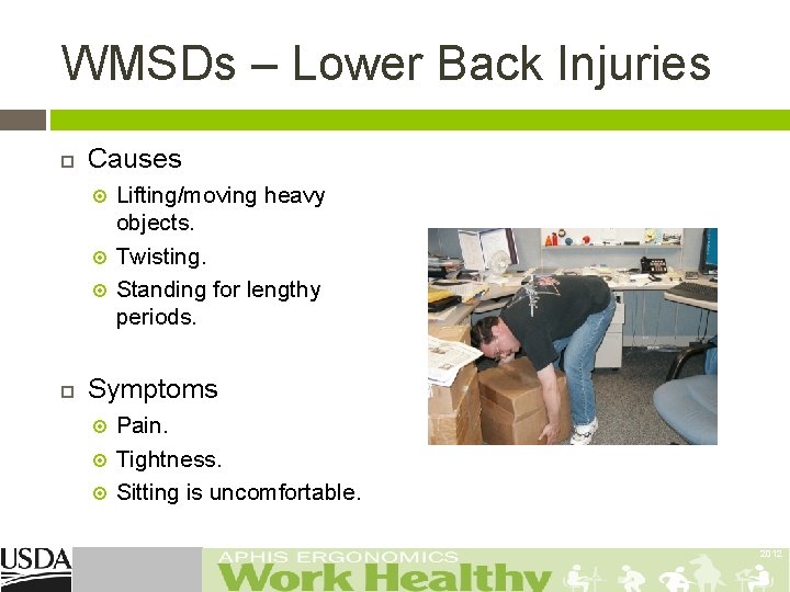 WMSDs – Lower Back Injuries Causes Lifting/moving heavy objects. Twisting. Standing for lengthy periods.