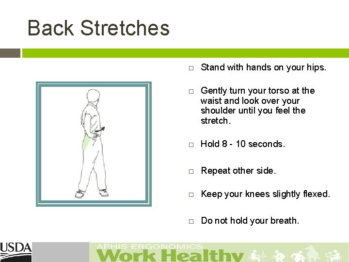 Back Stretches Stand with hands on your hips. Gently turn your torso at the