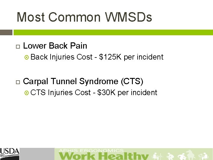 Most Common WMSDs Lower Back Pain Back Injuries Cost - $125 K per incident