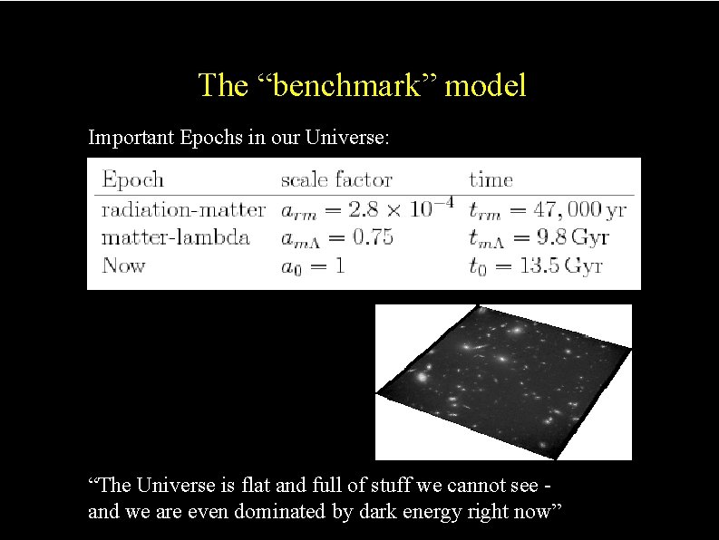 The effect of curvature The “benchmark” model Important Epochs in our Universe: “The Universe