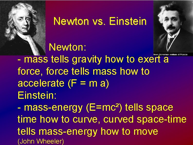 Newton vs. Einstein Newton: - mass tells gravity how to exert a force, force