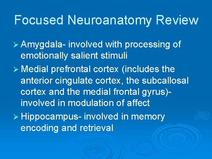 Focused Neuroanatomy Review Ø Amygdala- involved with processing of emotionally salient stimuli Ø Medial