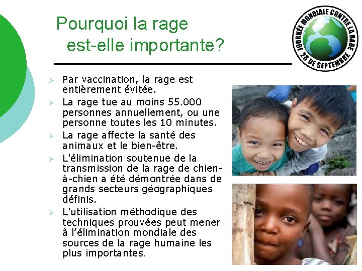 Pourquoi la rage est-elle importante? Ø Ø Ø Par vaccination, la rage est entièrement