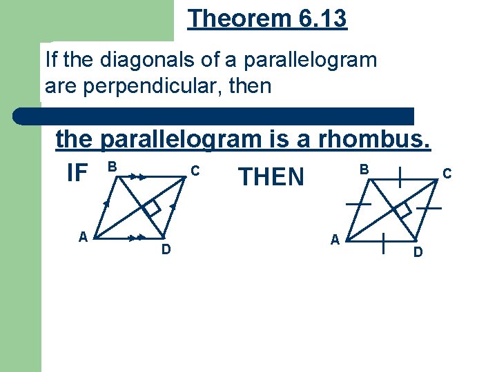 Theorem 6. 13 If the diagonals of a parallelogram are perpendicular, then the parallelogram
