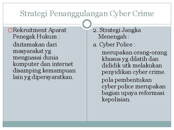 Strategi Penanggulangan Cyber Crime �Rekruitment Aparat Penegak Hukum : diutamakan dari masyarakat yg menguasai Strategi Penanggulangan Cyber Crime �Rekruitment Aparat Penegak Hukum : diutamakan dari masyarakat yg menguasai