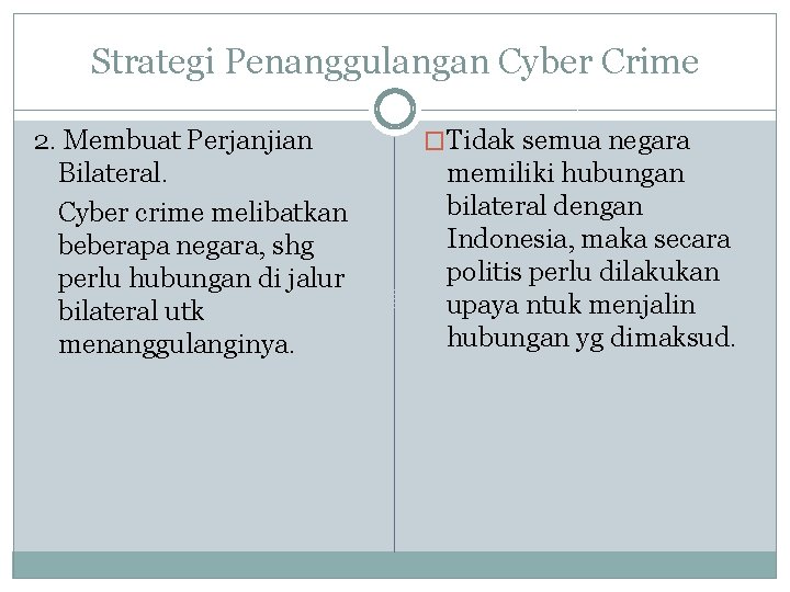 Strategi Penanggulangan Cyber Crime 2. Membuat Perjanjian Bilateral. Cyber crime melibatkan beberapa negara, shg