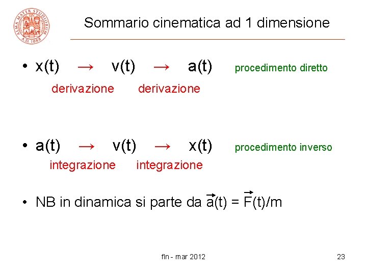 Sommario cinematica ad 1 dimensione • x(t) → v(t) → derivazione • a(t) →