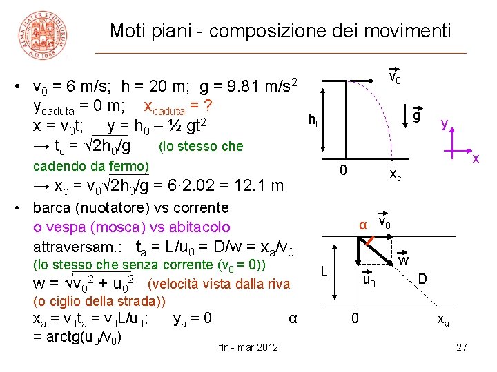 Moti piani - composizione dei movimenti • v 0 = 6 m/s; h =