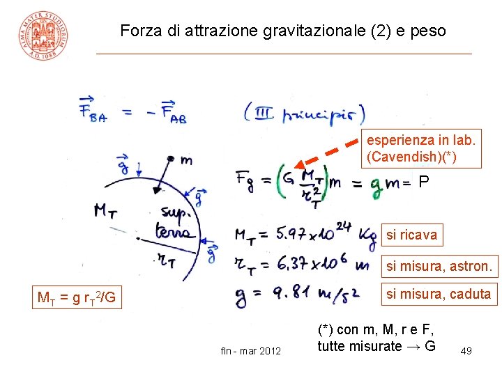 Forza di attrazione gravitazionale (2) e peso esperienza in lab. (Cavendish)(*) P si ricava