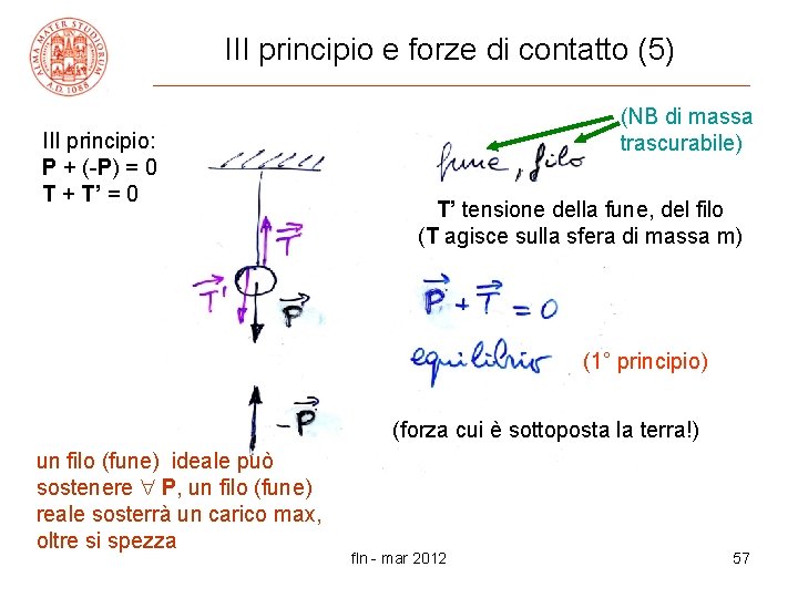 III principio e forze di contatto (5) III principio: P + (-P) = 0