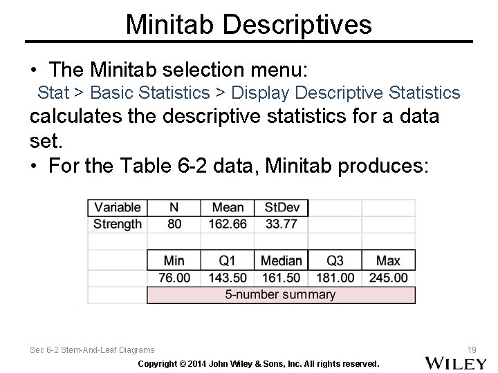 Minitab Descriptives • The Minitab selection menu: Stat > Basic Statistics > Display Descriptive Minitab Descriptives • The Minitab selection menu: Stat > Basic Statistics > Display Descriptive